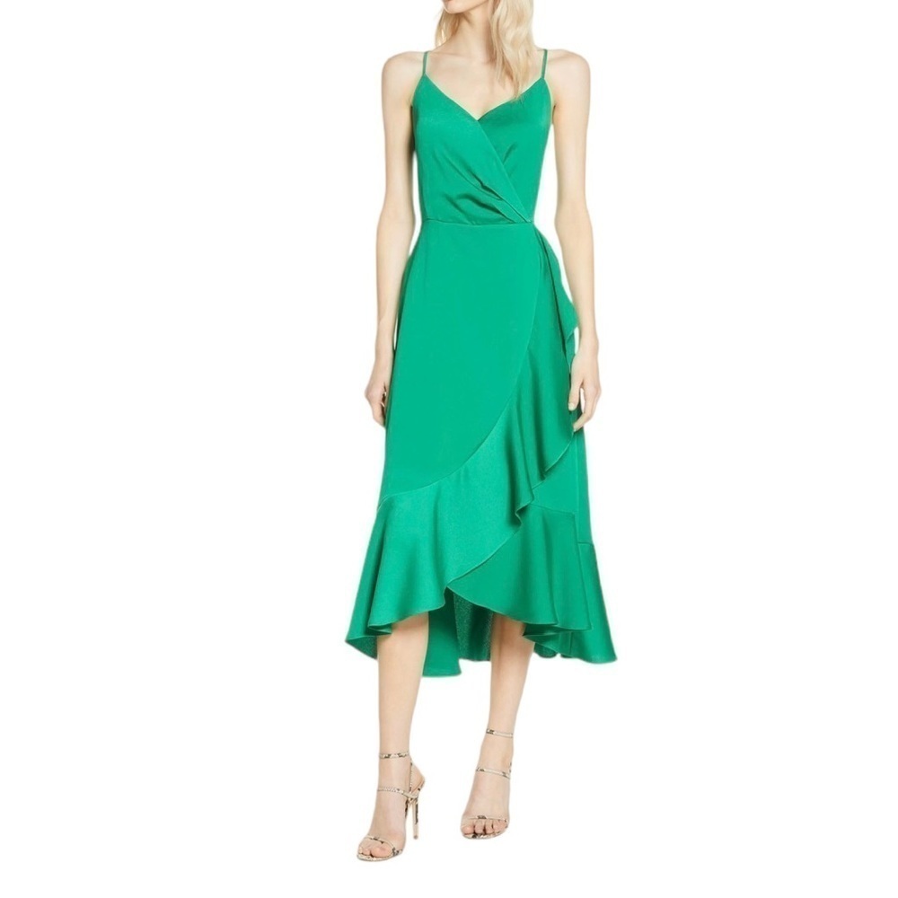 Chelsea28 Emerald Green Ruffle Wrap Midi Dress